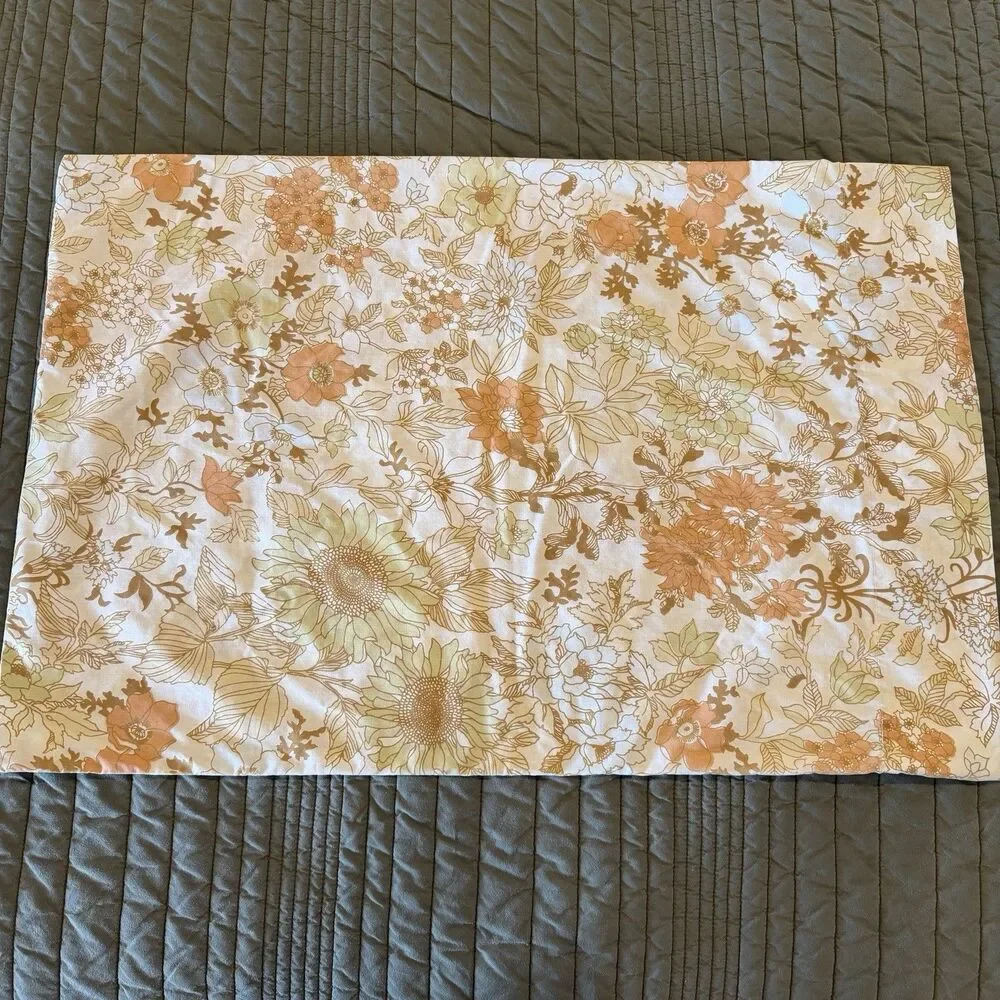 Vintage Cannon Floral 2 Pillowcases Mod 60s 70s Mid Century Green Orange Cream